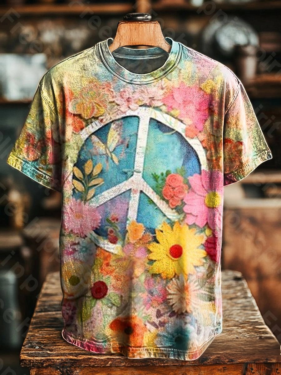 Unisex Retro Hippie Floral Art Pattern Print Casual Loose Short Sleeve