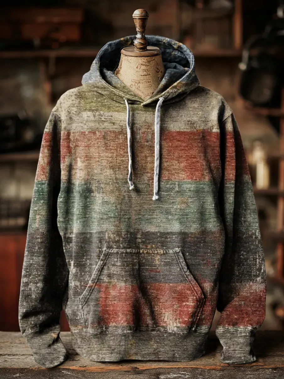 Unisex Retro Color Blocking Art Print Hooded Pocket Sweatshirt