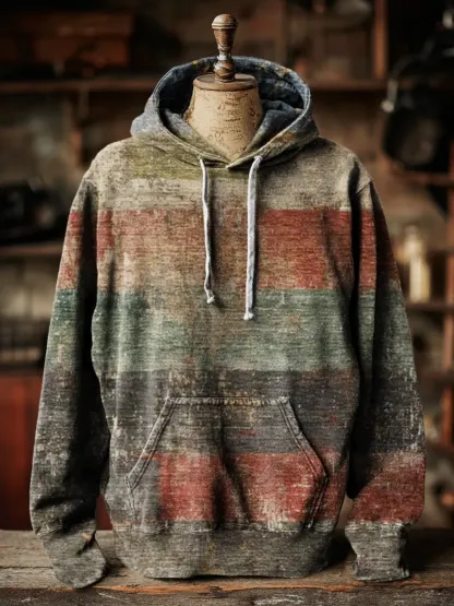 Unisex Retro Color Blocking Art Print Hooded Pocket Sweatshirt