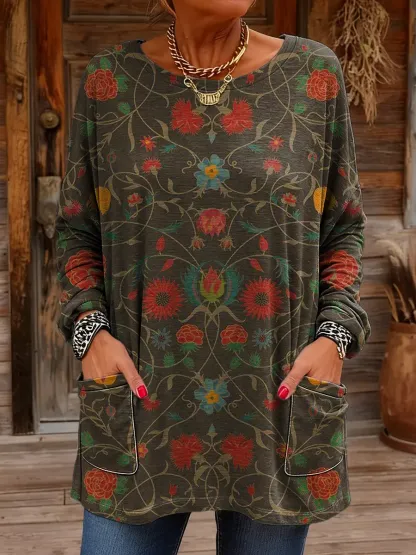 Women's Retro Folk Floral Art Print Casual Round Neck Tunic Top