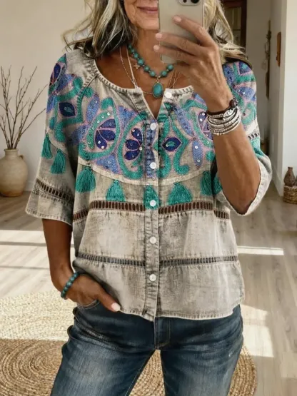 Women's Bohemian Totem Floral Art Print Casual Cutout Top