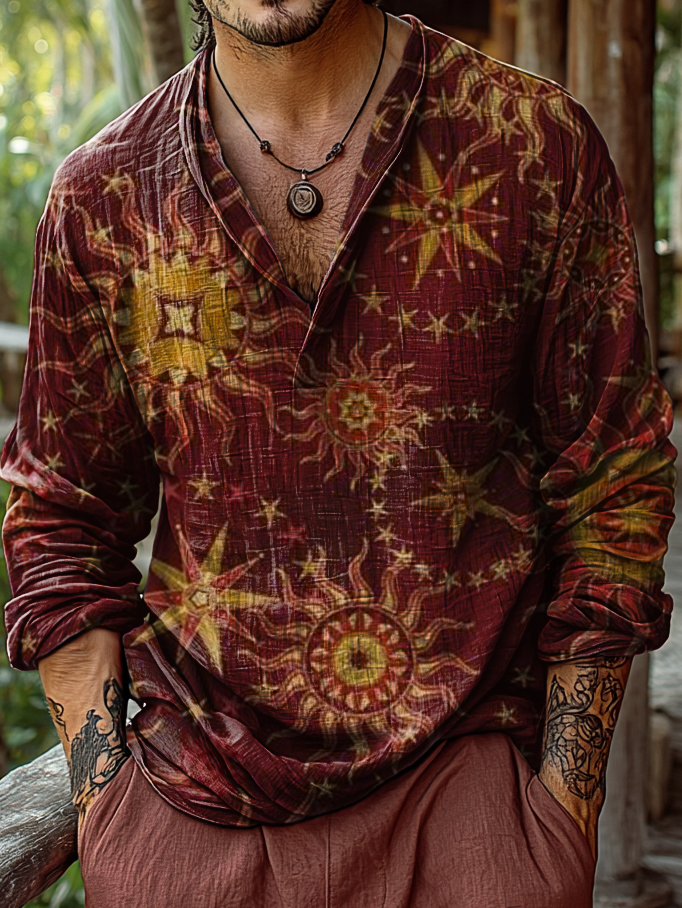Mens Vintage Red Sun Art Print Casual V-neck Linen Shirt