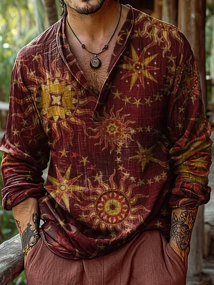 Mens Vintage Red Sun Art Print Casual V-neck Linen Shirt