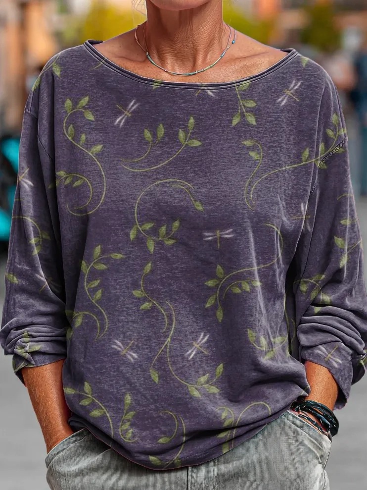 Women's Dragonfly Floral Pattern Artistic Print Casual Long-Sleeved T-Shirt
