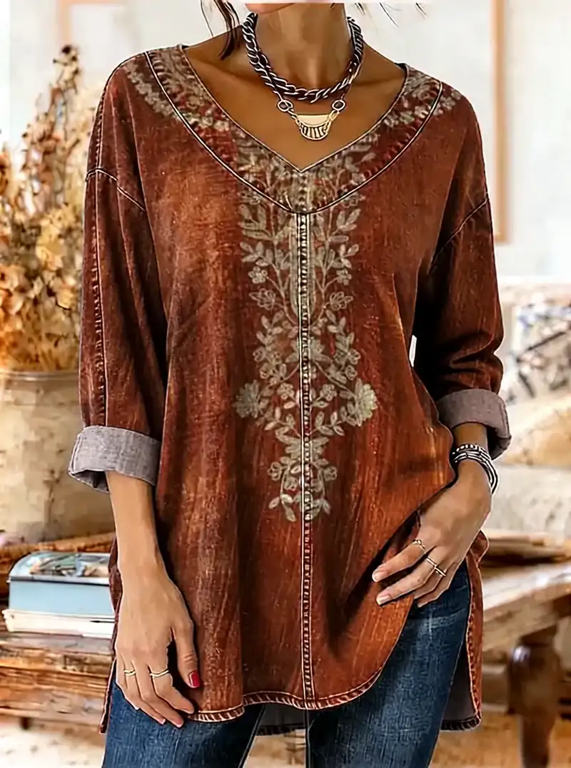 Ethnicity Flowers Totem Women's Art Print Casual Washed Denim Cotton Top