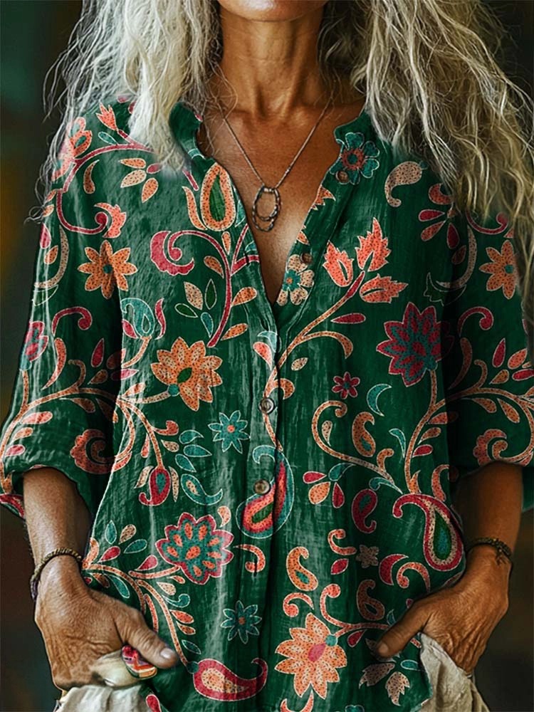 Women's Retro Ethnic Floral Pattern Artistic Print Casual Cotton-Linen Shirt