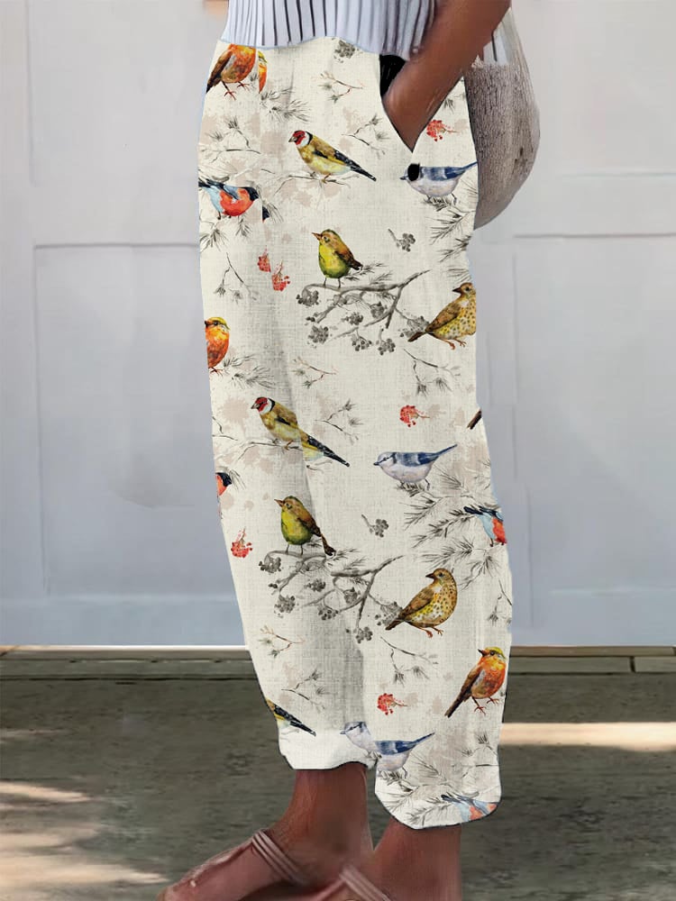 Women's Casual Retro Bird Print Pants