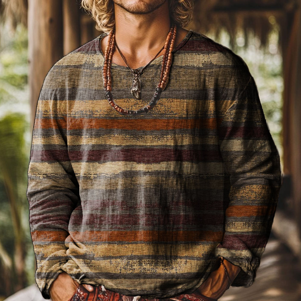 Retro National pattern stripes Pattern Vintage Print Casual 100% Cotton Shirt