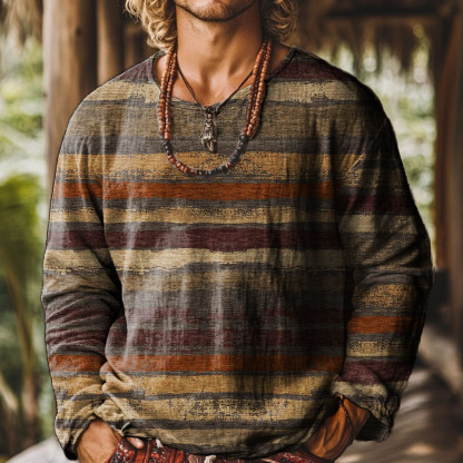 Retro National pattern stripes Pattern Vintage Print Casual 100% Cotton Shirt