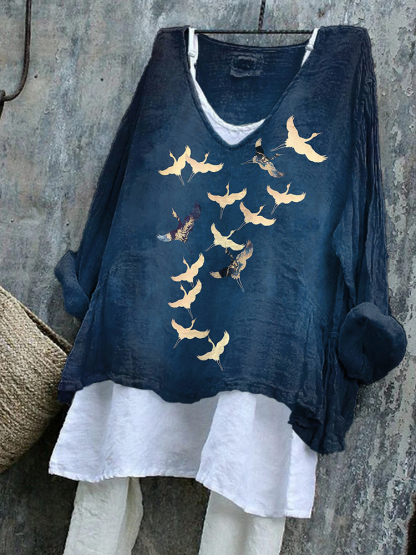 Cranes Japanese Art Print Cozy Flowy Tunic