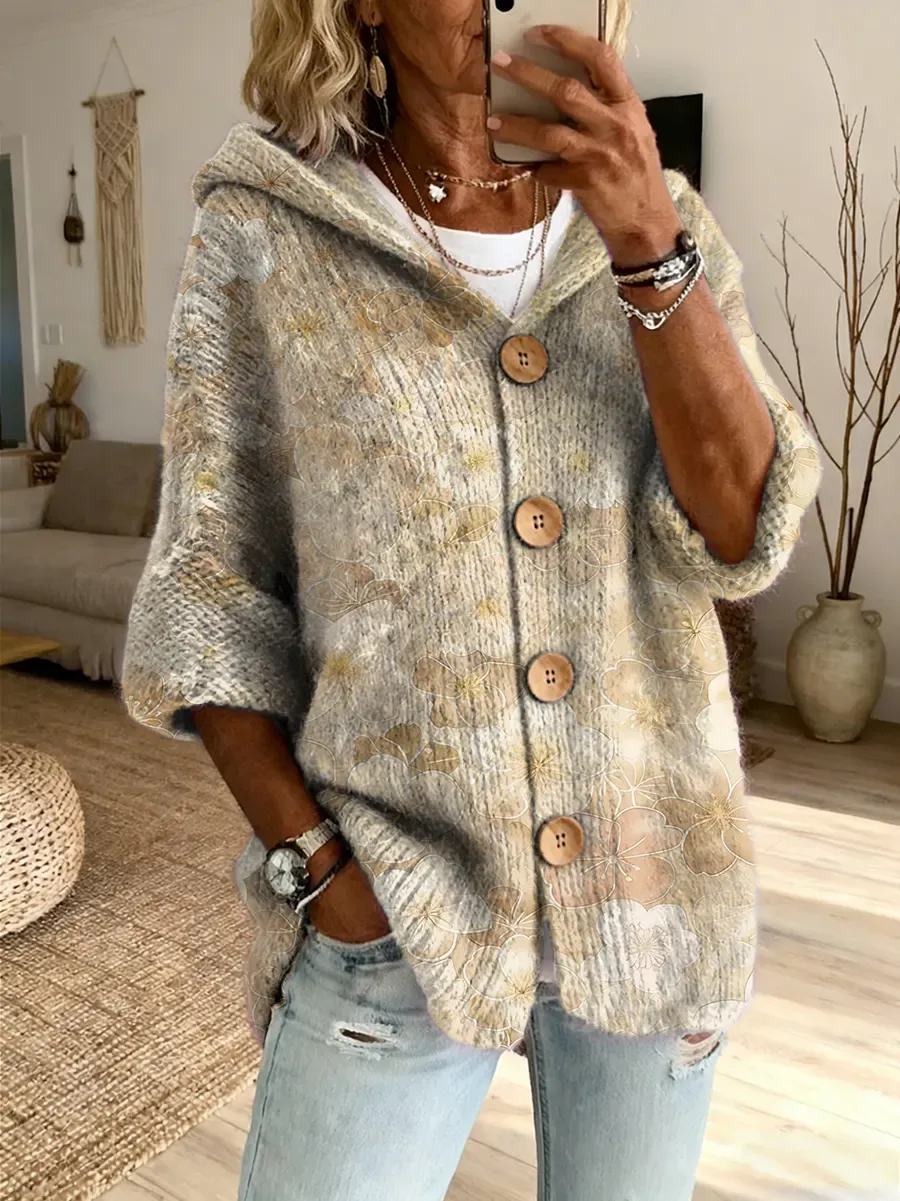 Ethnicity Colorful Flowers Women's Art Print Casual Hooded Cardigan Sweater