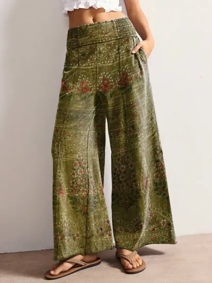 Women's Retro Floral Art Print Elastic Wide-Leg Pants