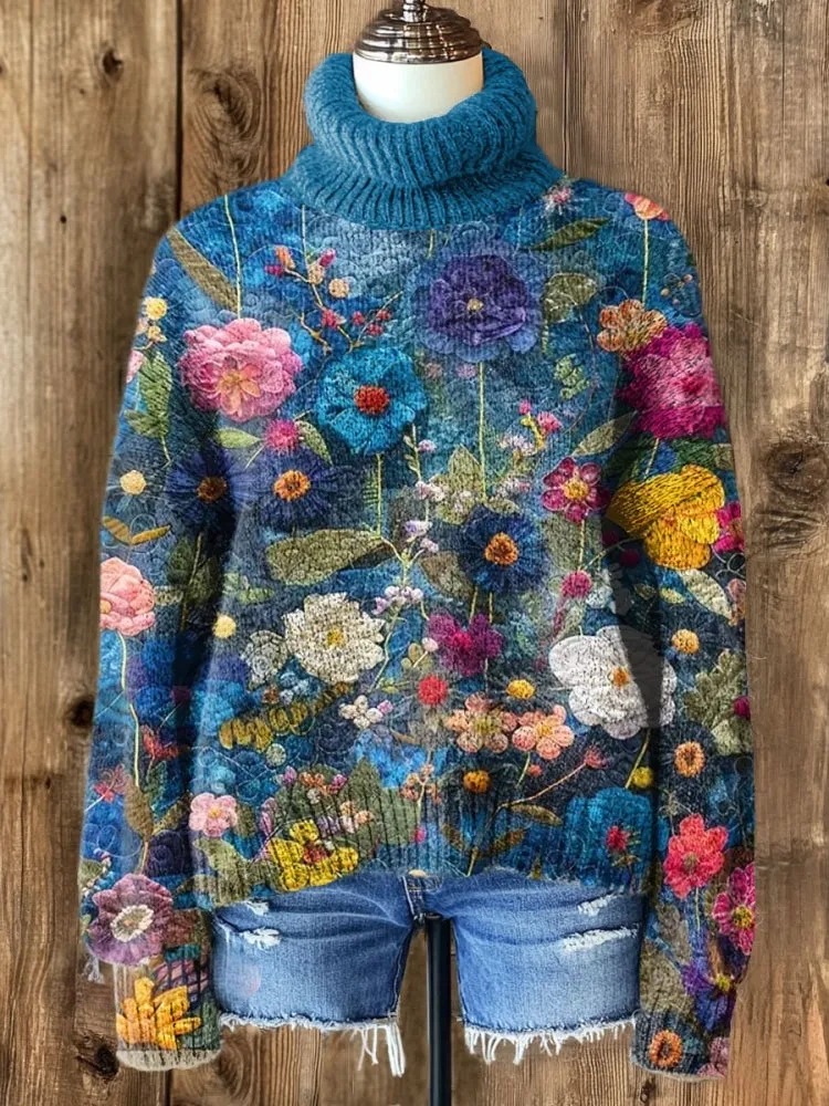 Floral Print Knit Turtleneck Pullover Sweater