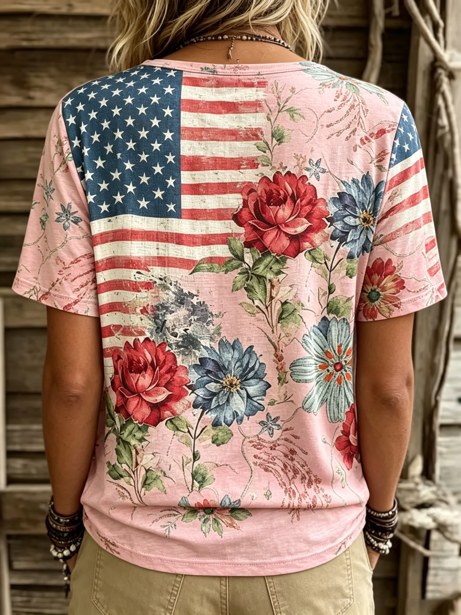 Women's Retro Flag And Floral Art Print Casual Short-sleeve Crew Neck T-shirt