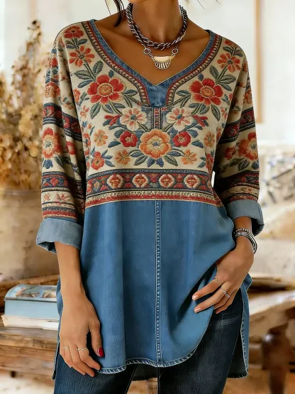Women's Retro Palace-style Ethnic Floral Patterns Art Print Casual Washed Denim Cotton Top