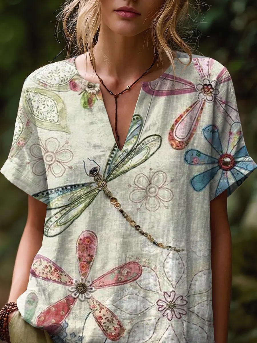 Ethnicity Dragonfly Flowers Women's Art Print Casual Short-sleeve V-neck Cotton Linen Shirt