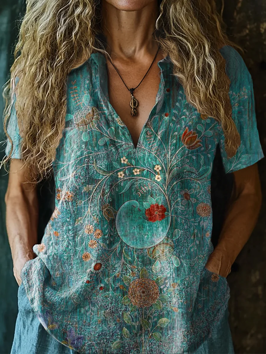 Women's Vintage Floral Art Print Casual Cotton Linen Shirt