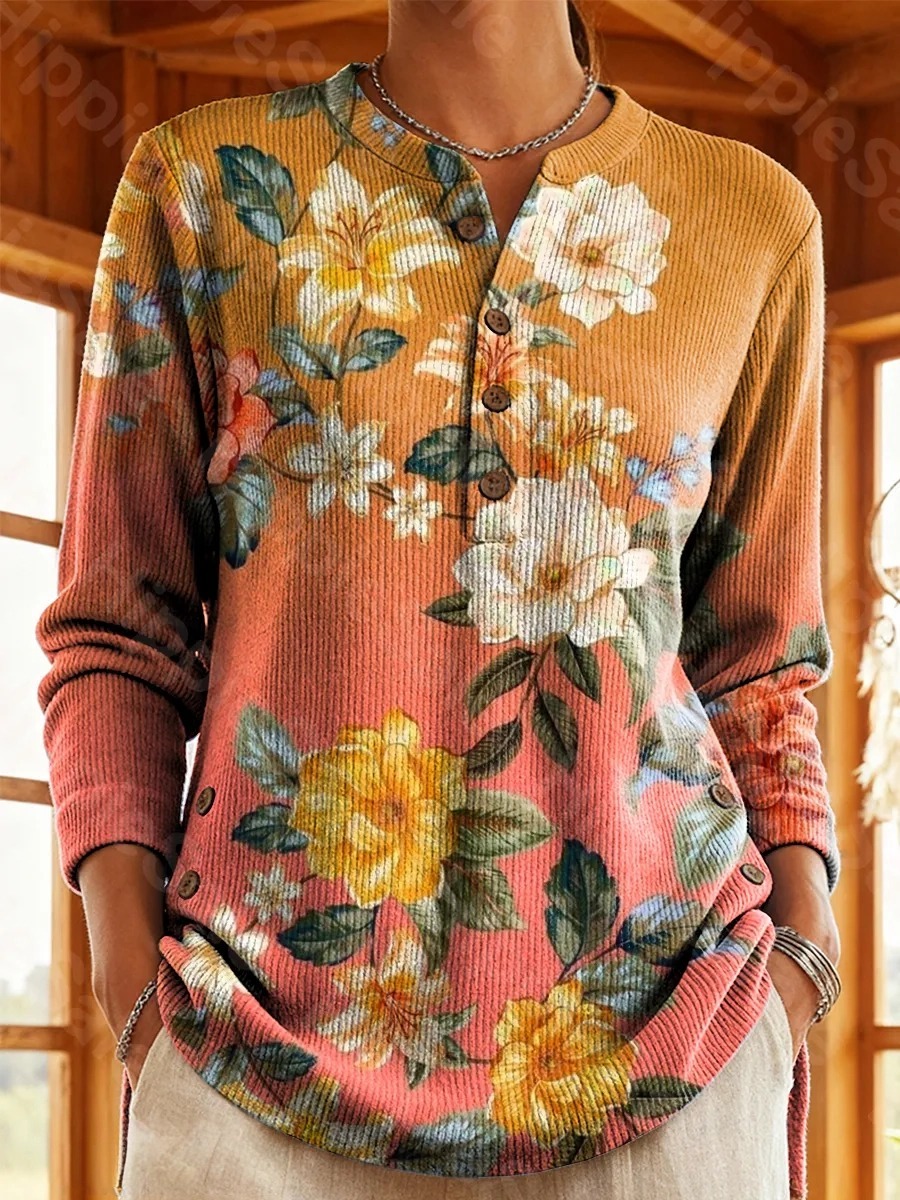 Women's Vintage Gradient Floral Art Print Casual Cotton Shirt