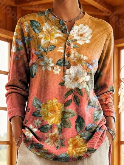 Women's Vintage Gradient Floral Art Print Casual Cotton Shirt