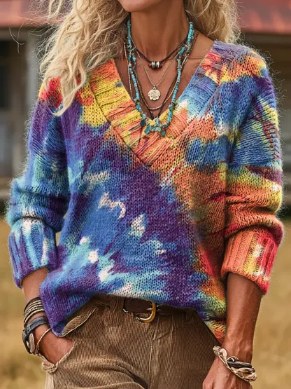 Women's Tie-dye Art Print Comfortable V-neck Knit Sweater