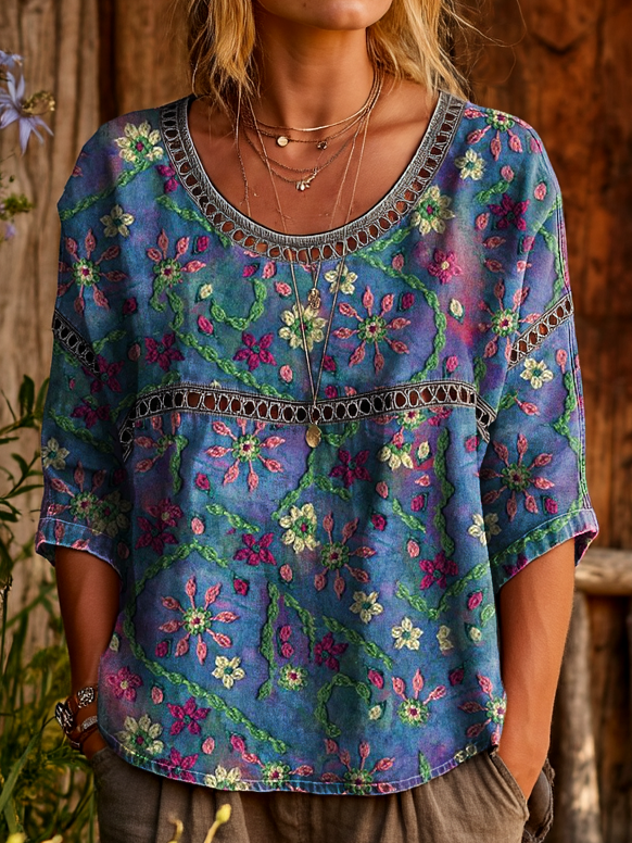 Womens Vintage Ethnic Gradient Floral Art Prints Casual Round Neck Skeleton Top