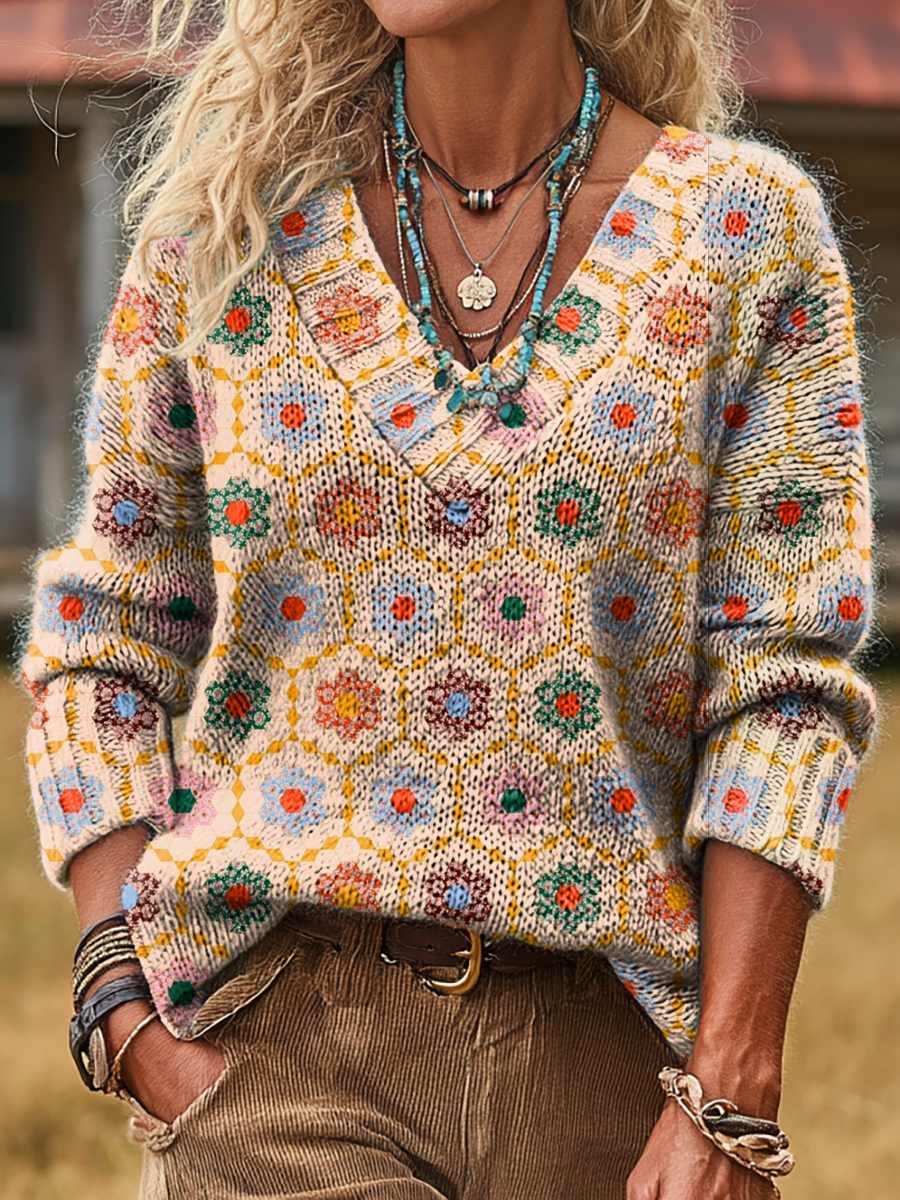 Unisex Vintage Art Print Casual Long-sleeved V-neck Wool Blend Knitted Sweater