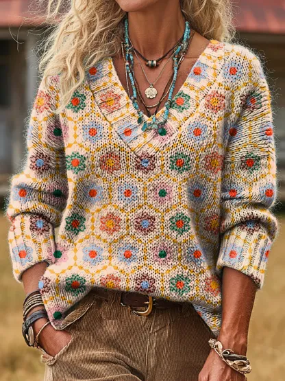 Unisex Vintage Art Print Casual Long-sleeved V-neck Wool Blend Knitted Sweater