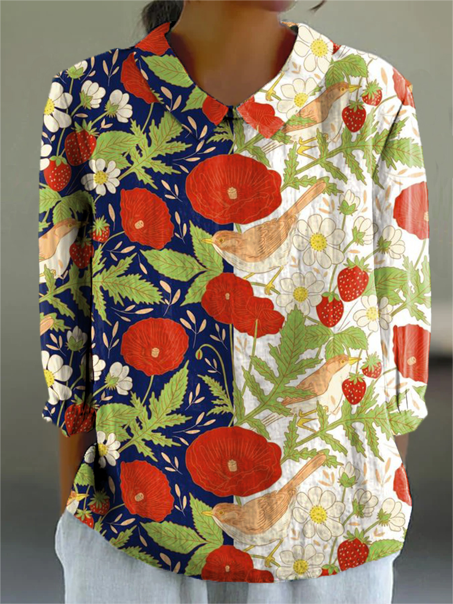 Women's Beautiful Flowers And Birds Painting Art Print Casual Cotton A