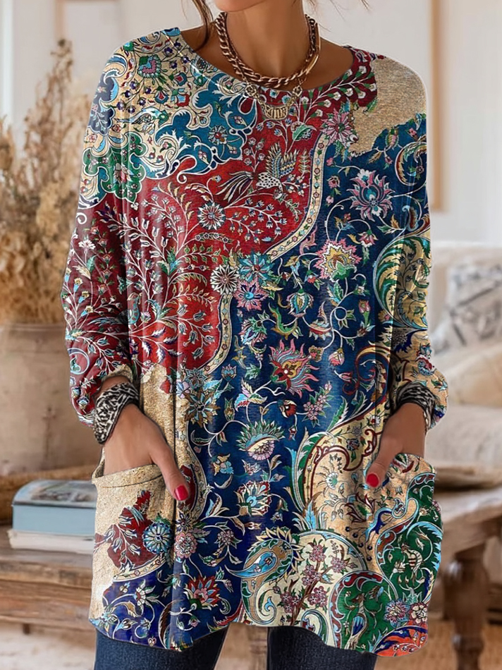 Women's Retro Patchwork Ethnic Floral Art Print Casual Long-Sleeve T-Shirt