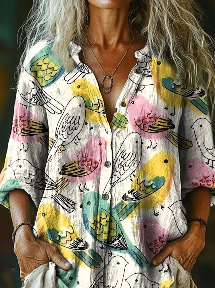 Women's Colorful Doodle Bird Print Casual Cotton Linen Shirt