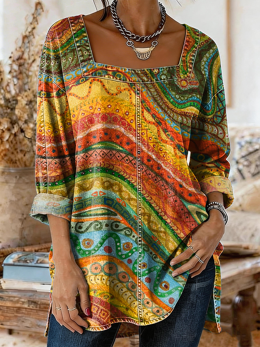 Women's Retro Colorful Wave Art Print Casual Long Sleeve Square Neck Washed Cotton Denim Top