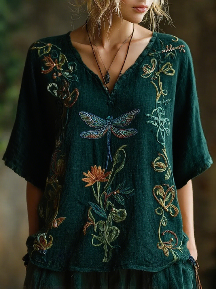 Bohemian Dragonfly Vine Pattern Vintage V-neck Short-sleeved T-shirt