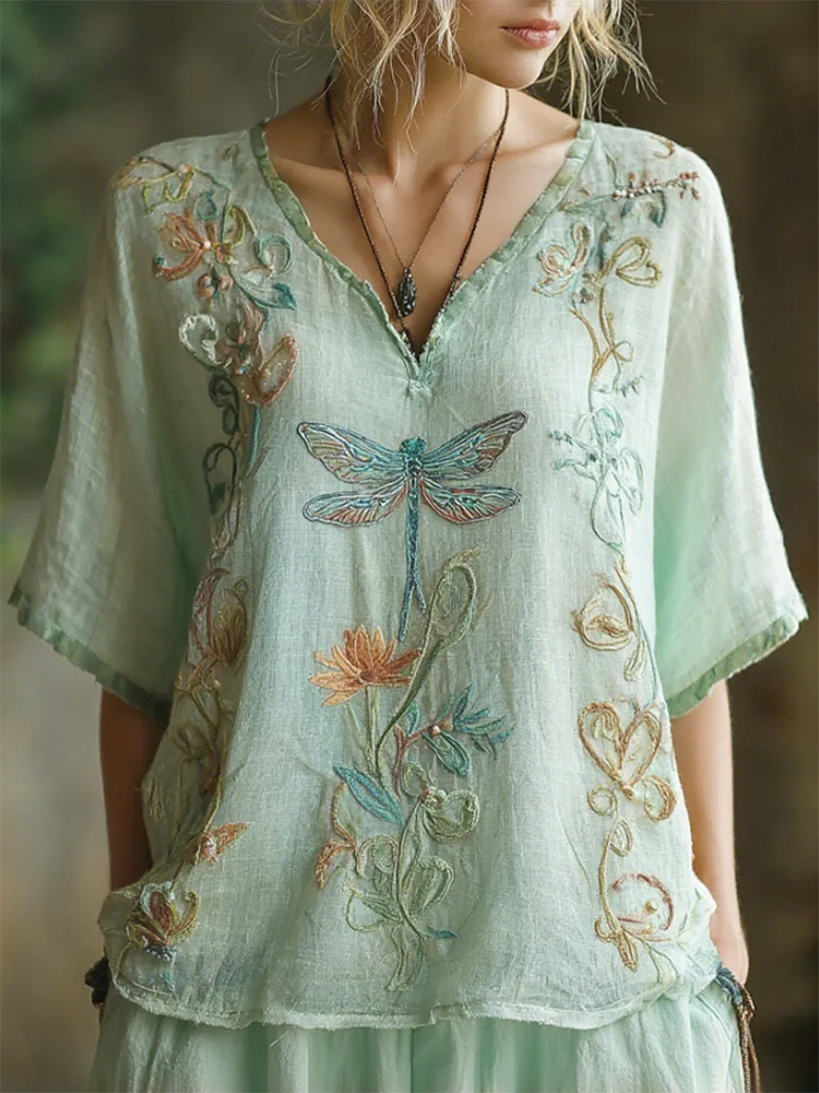 Bohemian Dragonfly Vine Pattern Vintage V-neck Short-sleeved T-shirt