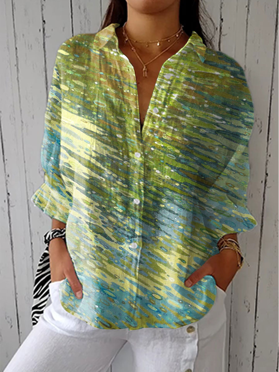 Women's Vintage Gradient Art Print Casual Linen V-neck Shirt