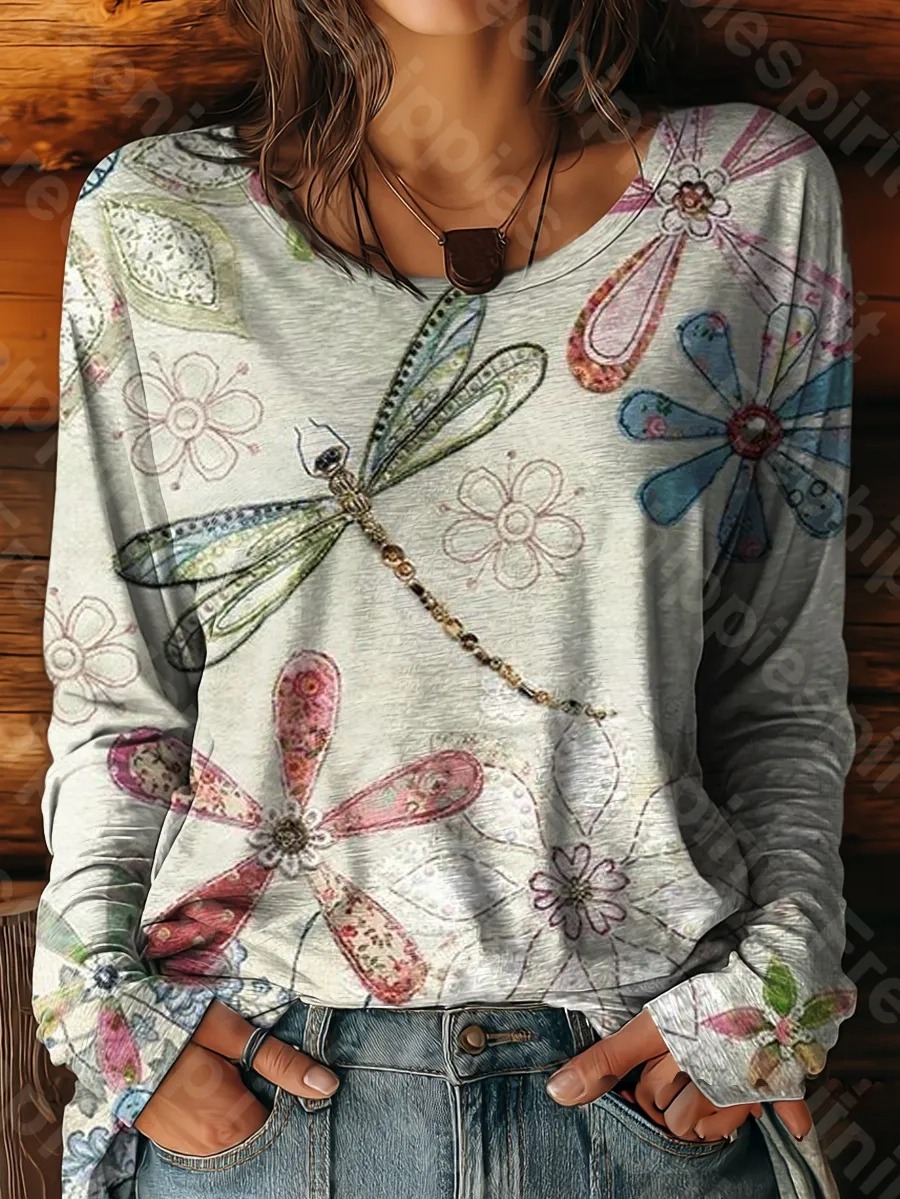 Women's Elegant Dragonfly Art Print Casual T-Shirt