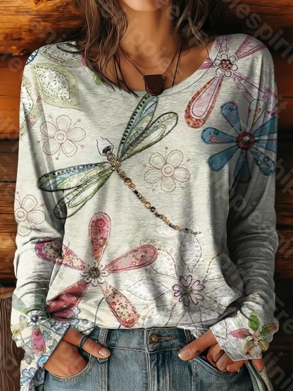 Women's Elegant Dragonfly Art Print Casual T-Shirt