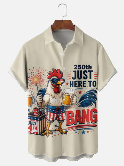 250th Anniversary Rooster Hawaiian Shirt - Just Here To Bang  Funny 4th of July Patriotic Chicken Beer Shirt for Men Women