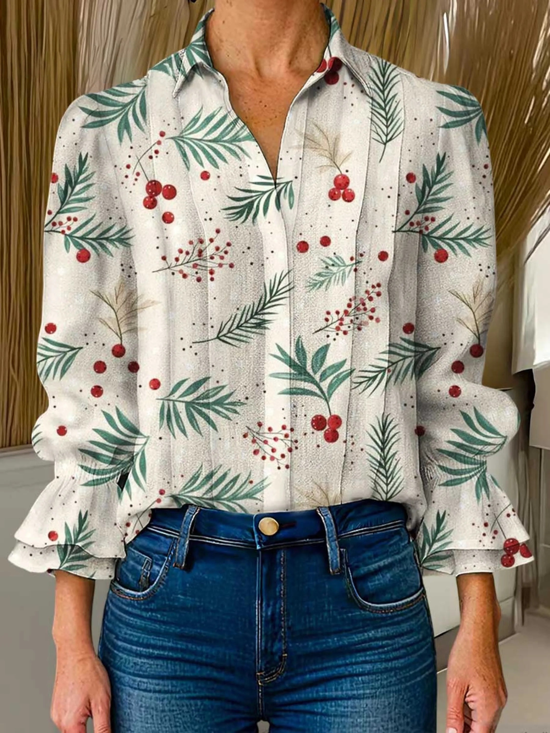 Women's Christmas Print Lapel Long Sleeve Casual Cotton and Linen Shirt