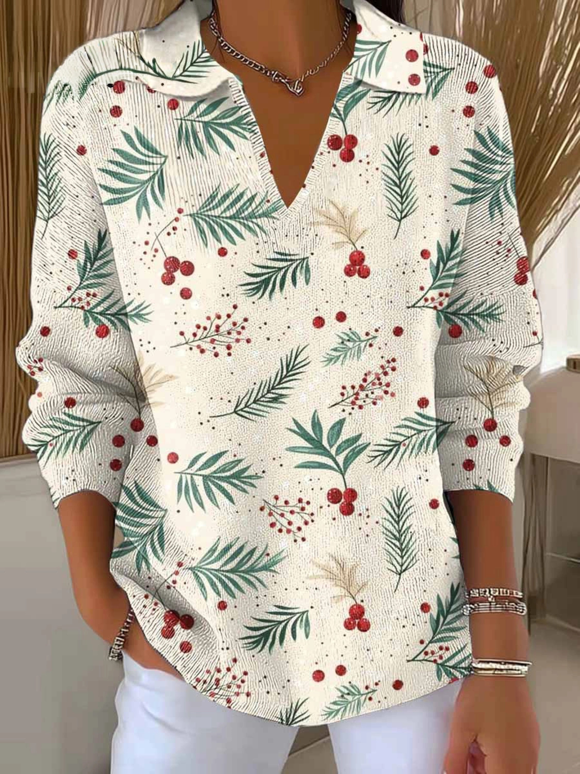 Women's Christmas Print Lapel Long Sleeve Knitted Pullover Sweater