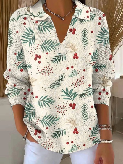 Women's Christmas Print Lapel Long Sleeve Knitted Pullover Sweater