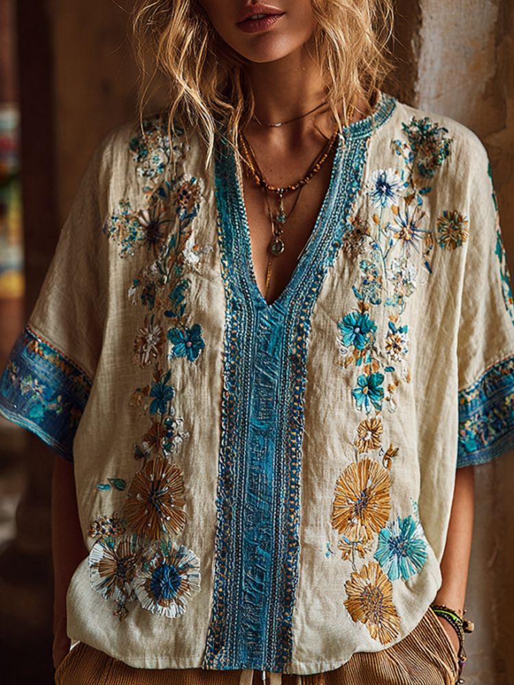 Women's Floral Print V-neck Short-sleeve Top