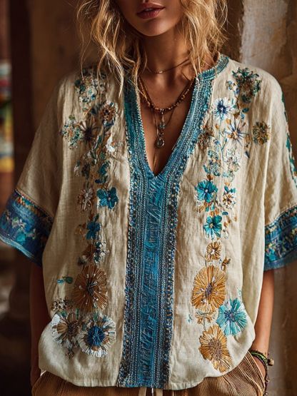 Women's Floral Print V-neck Short-sleeve Top