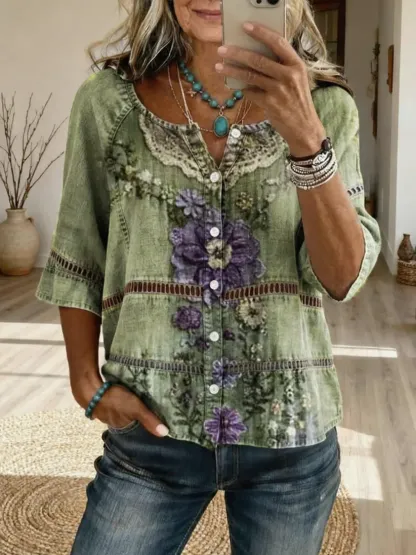 Women's Vintage-Textured Floral Art Print Casual Long-Sleeve V-Neck Washed Cotton Denim Top