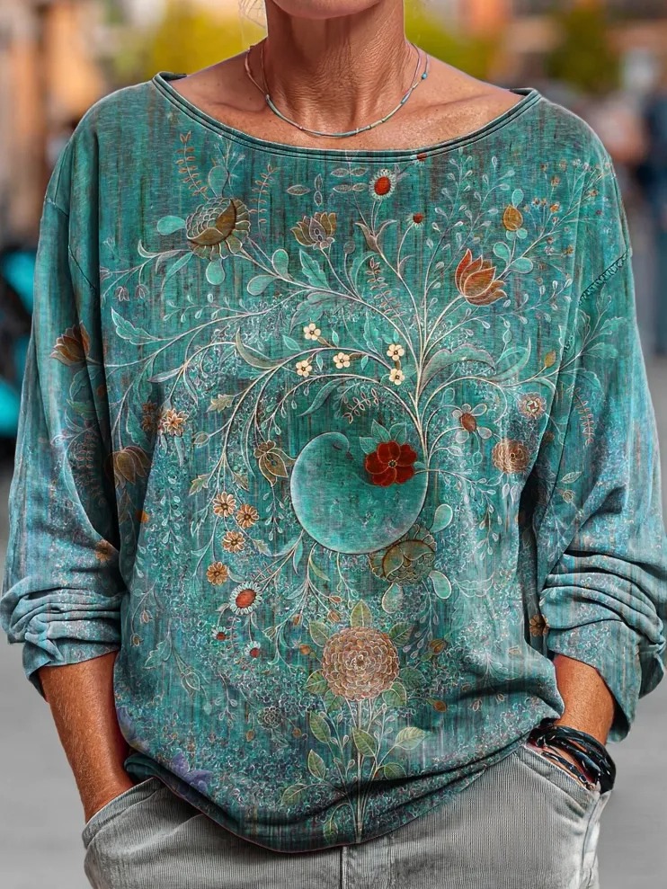 Women's Vintage Ethnic Floral Art Print Casual Long Sleeve T-shirt