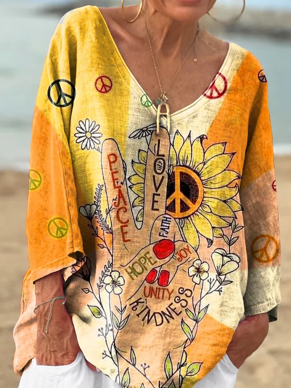 Women's Hippie Art Print Casual Cotton And Linen Shirt