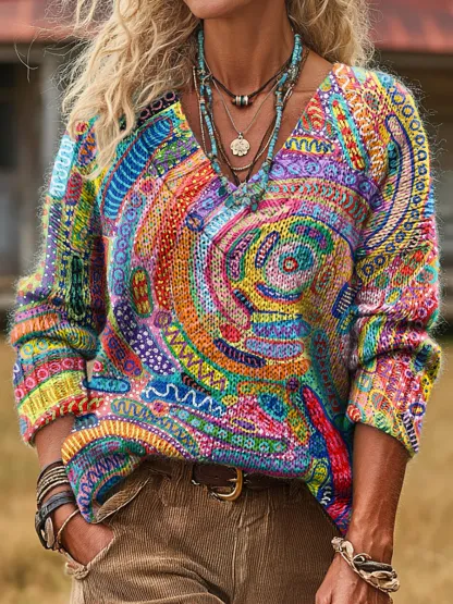 Unisex Colorful Art Print Casual Long-Sleeve V-Neck Wool Blend Knit Sweater