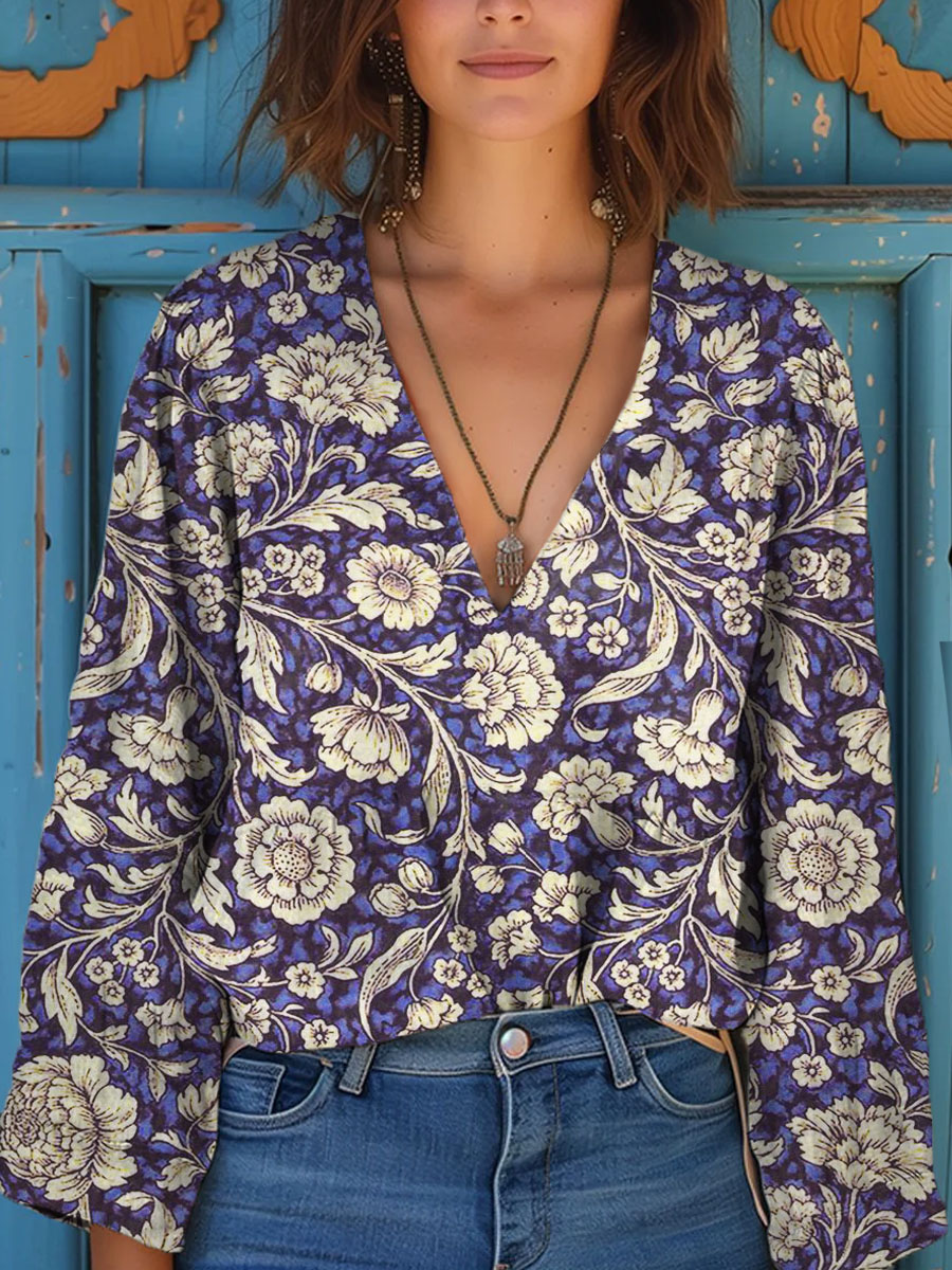 Women's Vintage Lovely Floral Art Print Casual Long Sleeve Comfortable Cotton Shirt