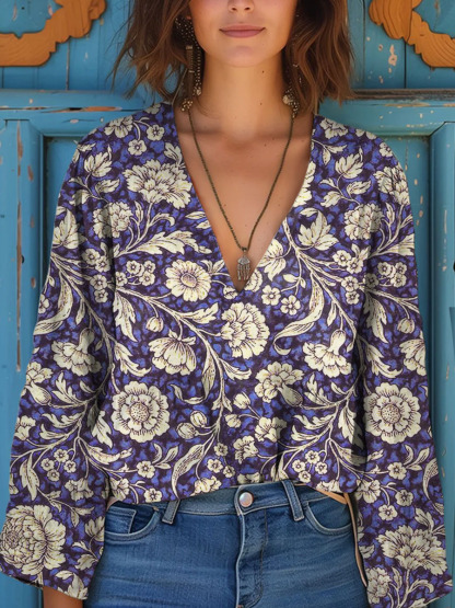 Women's Vintage Lovely Floral Art Print Casual Long Sleeve Comfortable Cotton Shirt