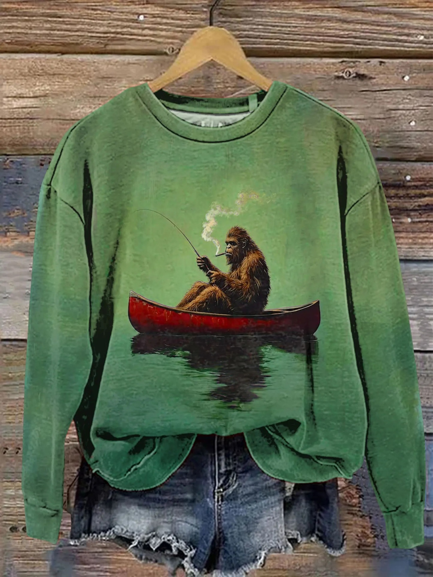 Bigfoot on a Red Canoe Fishing Retro Art Print Casaul Short Sleeve T-shirt
