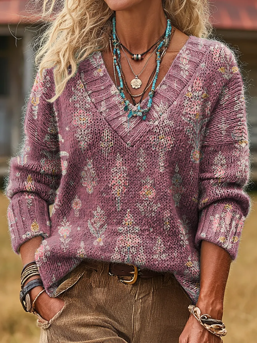 Unisex Retro Floral Art Print Casual Long-Sleeve V-Neck Wool Blend Kni